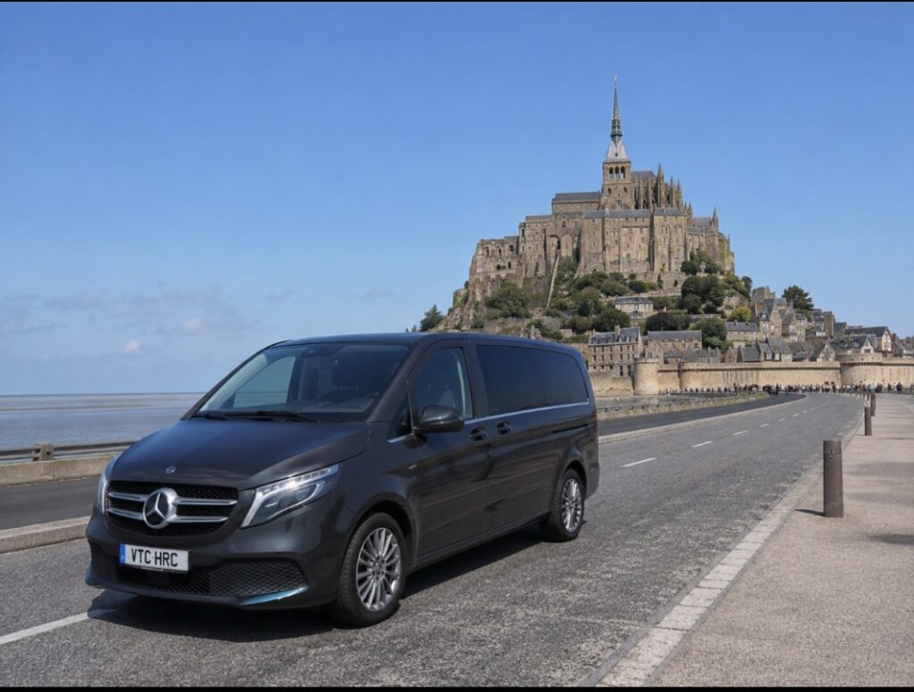 Mercedes Classe V de VTC HRC devant le Mont-Saint-Michel