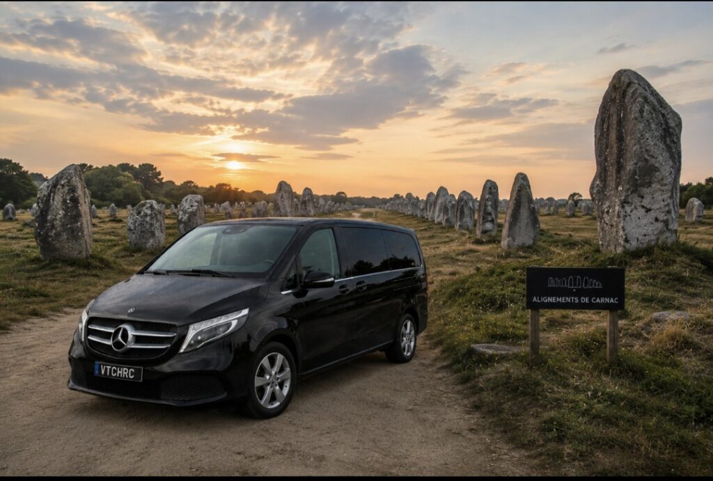 Mercedes Classe V VTC HRC devant les alignements de Carnac pour un service de chauffeur privé dans le Morbihan.