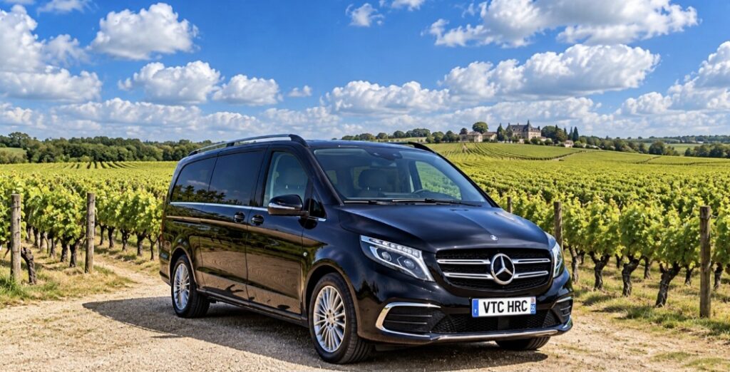 Mercedes Classe V VTC HRC stationné devant un domaine viticole