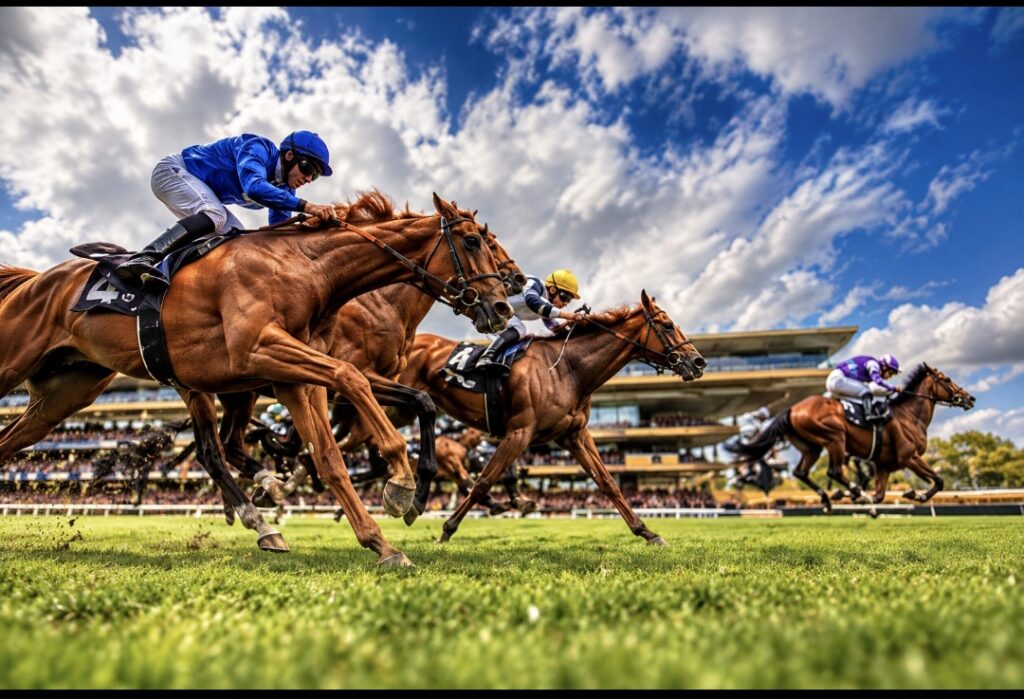 Chevaux et jockeys lors d'une course hippique sur un hippodrome