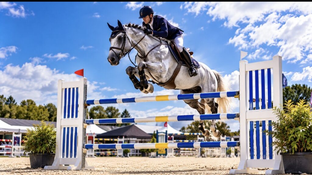 Cavalier et cheval lors d'un concours équestre de saut d'obstacles